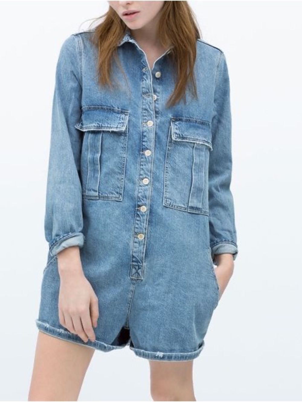 Zara Trafaluc long-sleeve denim short jumpsuit Romper Sz S Distress Hem Cottage
